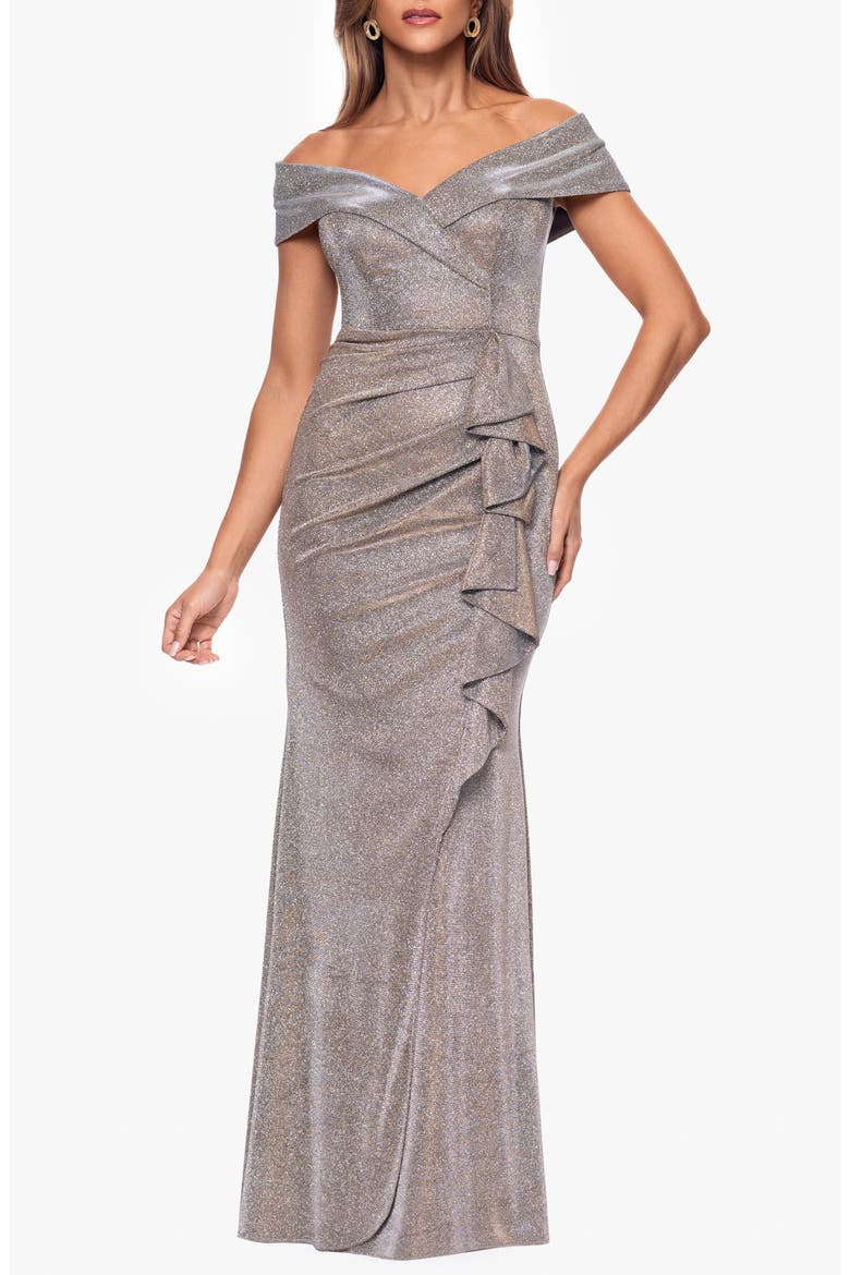 Cascade Ruffle Detail Off the Shoulder Metallic Knit Gown video