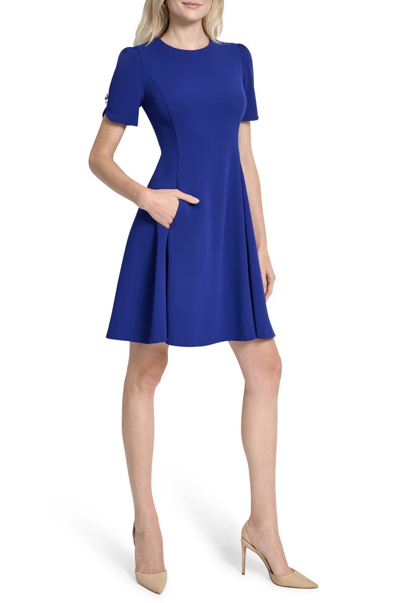 DKNY Button Trim Fit & Flare Midi Dress, Main, color, Marine