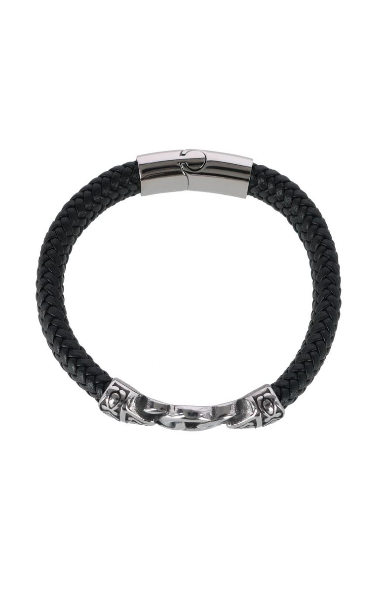 Trafalgar Loose Fit Silver Interlock Pattern on Black Leather Bracelet, Alternate, color, Black