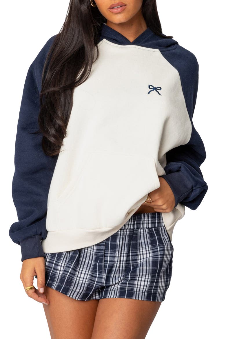 Bow Embroidery Oversize Colorblock Hoodie, Main, color, NAVY-AND-CREAM