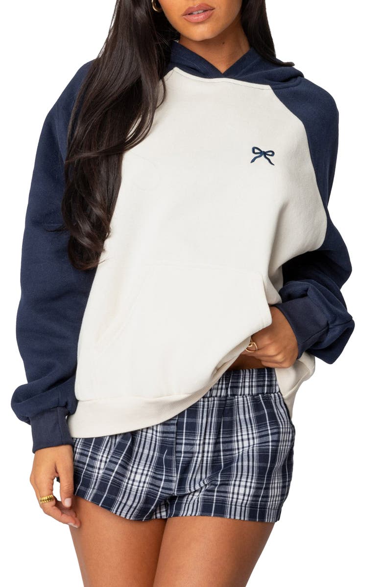 EDIKTED Bow Embroidery Oversize Colorblock Hoodie, Main, color, Navy-And-Cream