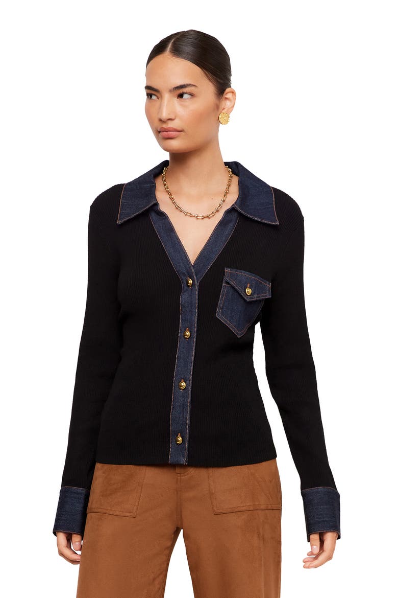 Denim Trim Rib Cardigan, Alternate, color, BLACK