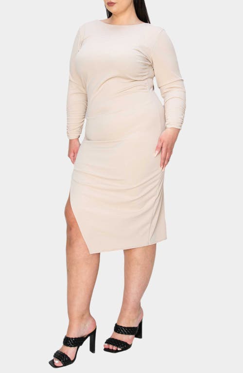 L I V D Bianca Open Back Side Slit Long Sleeve Stretch Dress In Oatmeal