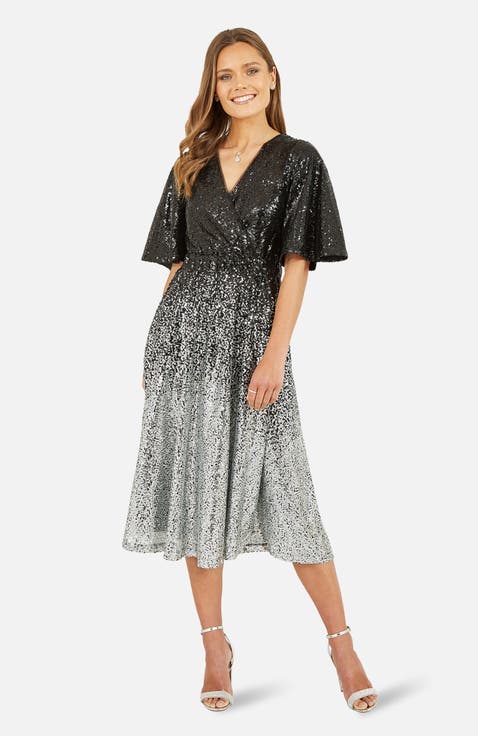 Ombre Sequin V-Neck Midi Dress