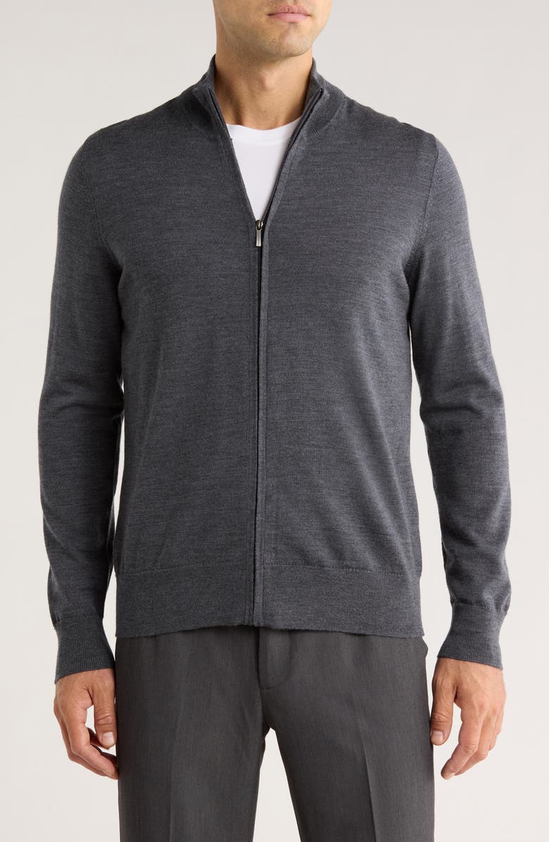 Brooks Brothers Wool Full Zip Sweater, Main, color, Charcoal