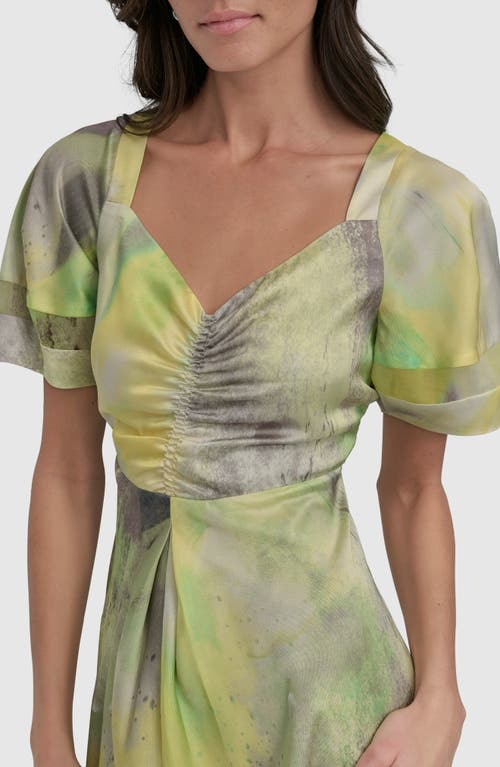Dkny Ruched Printed Satin Midi Dress In Watercolor Hues