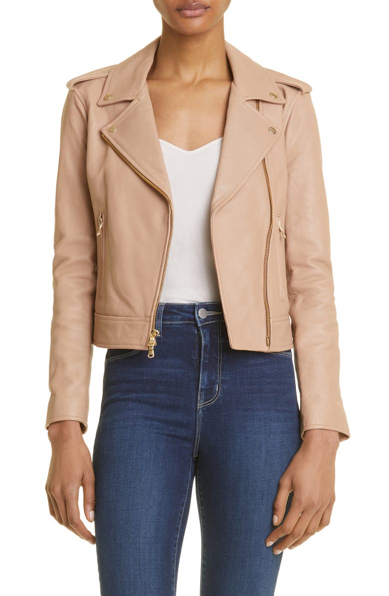 L'AGENCE Lambskin Leather Biker Jacket, Main, color, 
