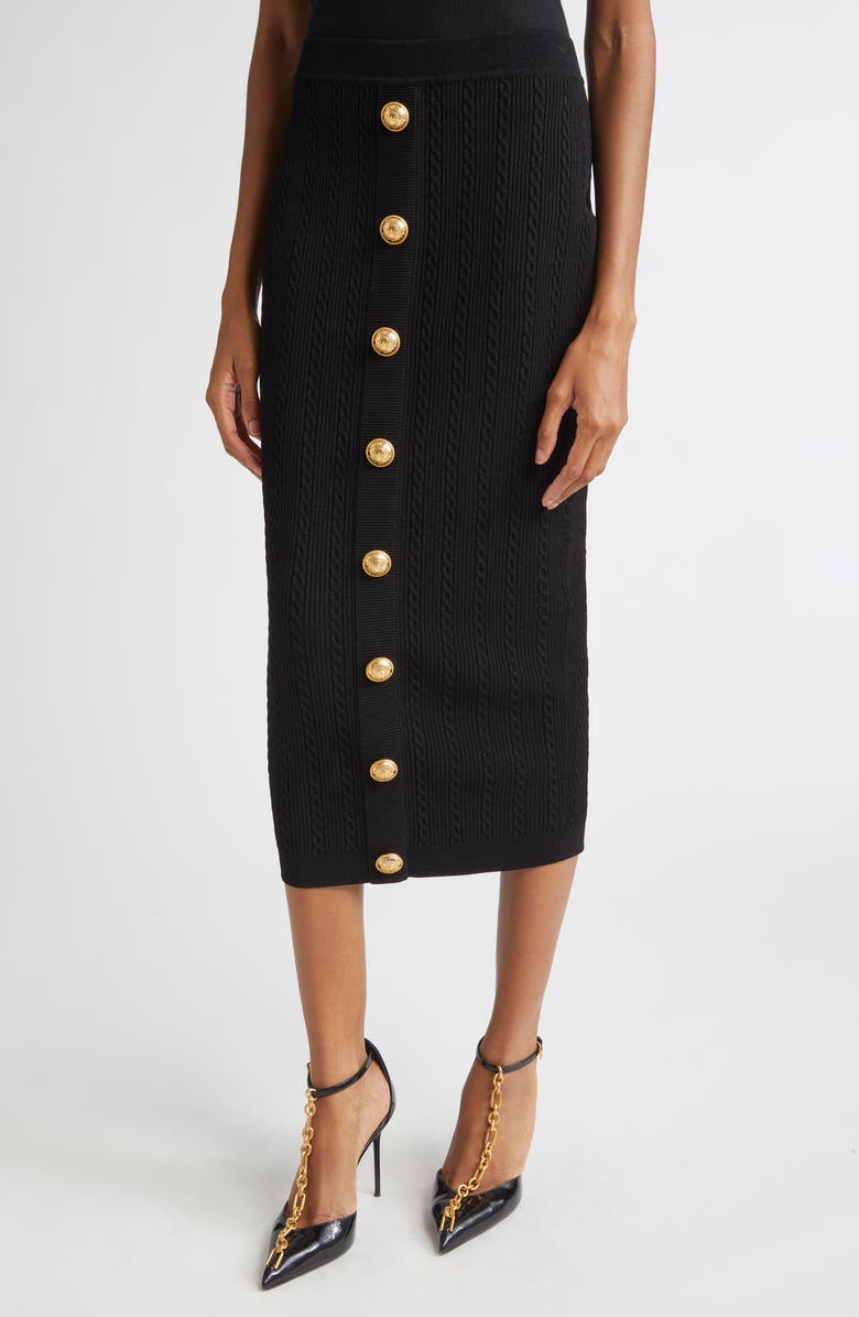 Balmain Torsade Button Detail Rib Cable Knit Midi Skirt, Alternate, color, 0Pa Black