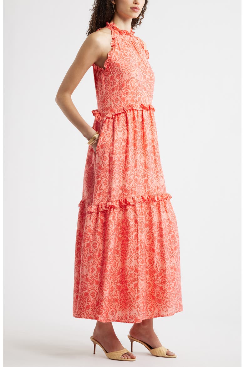 Ruffle Trim Sleeveless Maxi Dress, Alternate, color, CORAL COASTAL MEDALLION