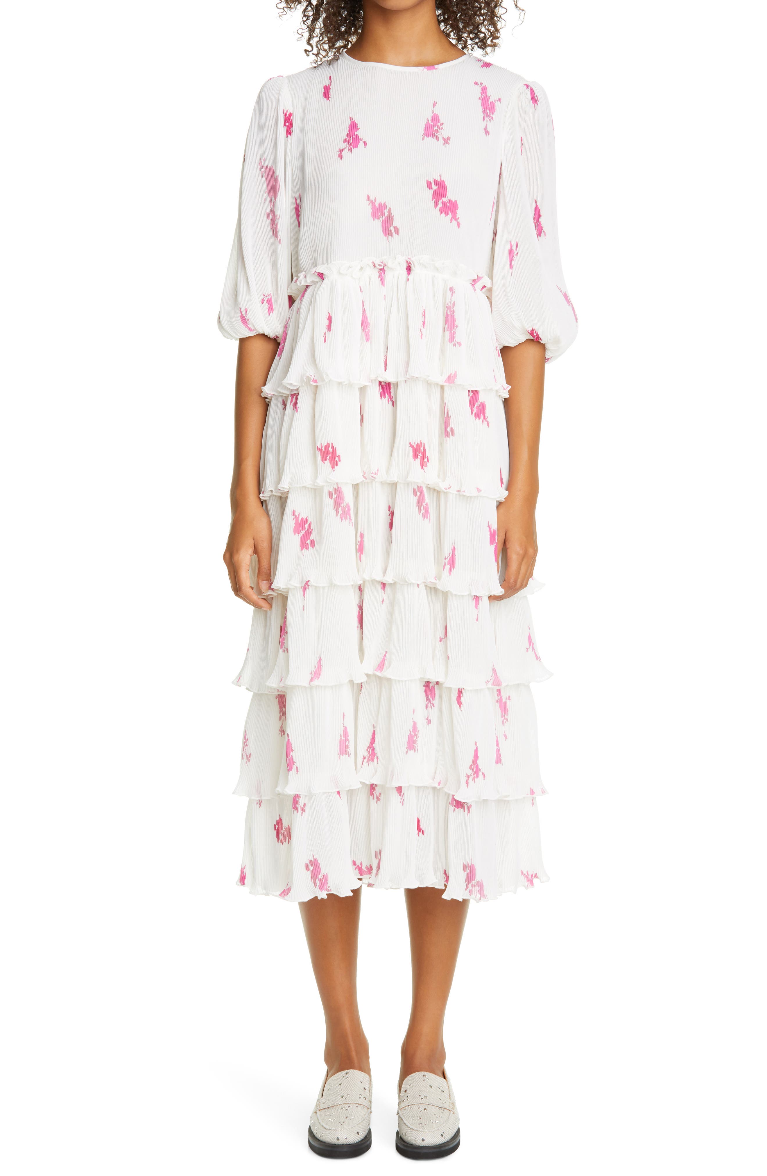 Ganni Rose Print Pleated Georgette Midi Dress, Main, color, 