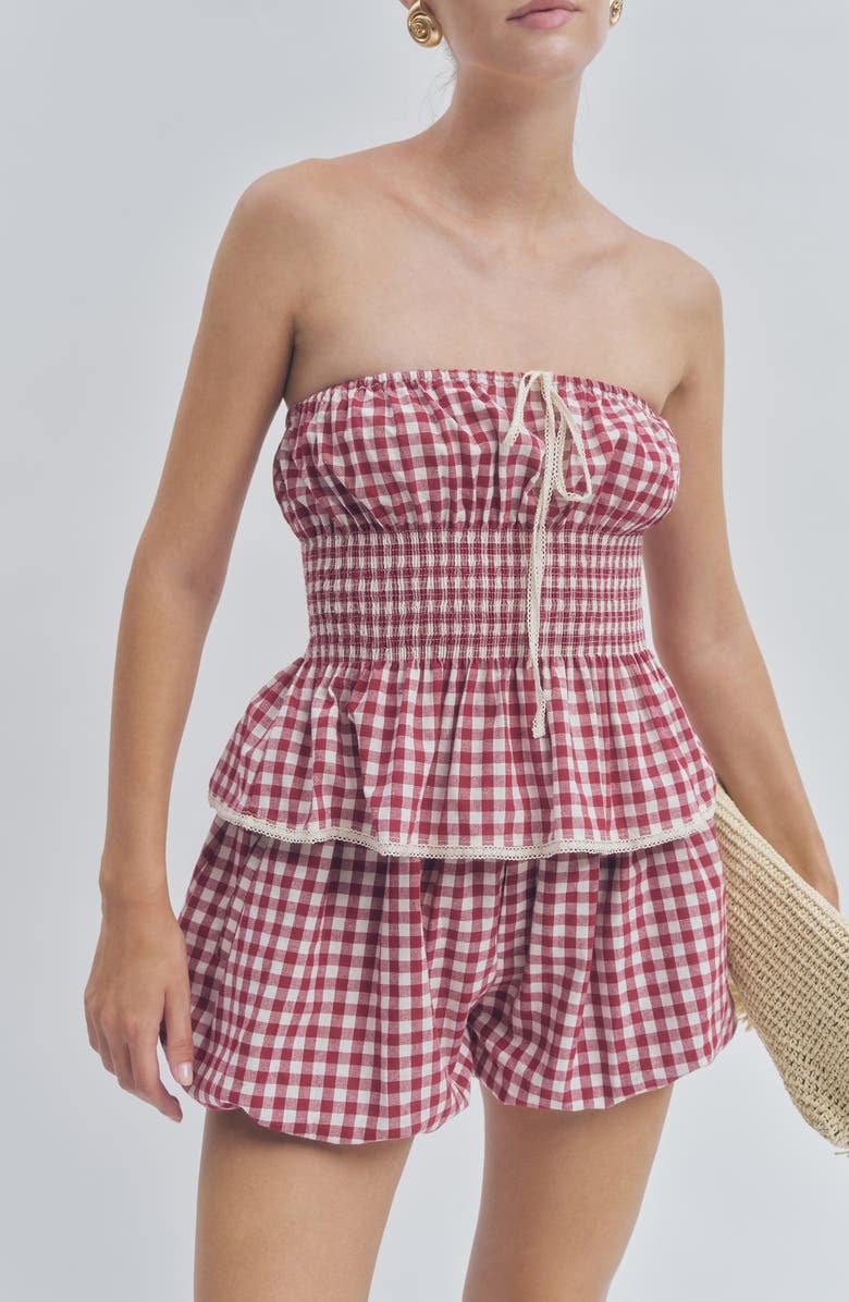 MAUDE CLUB Floral Gingham Smocked Strapless Peplum Top, Alternate, color, Berry Gingham