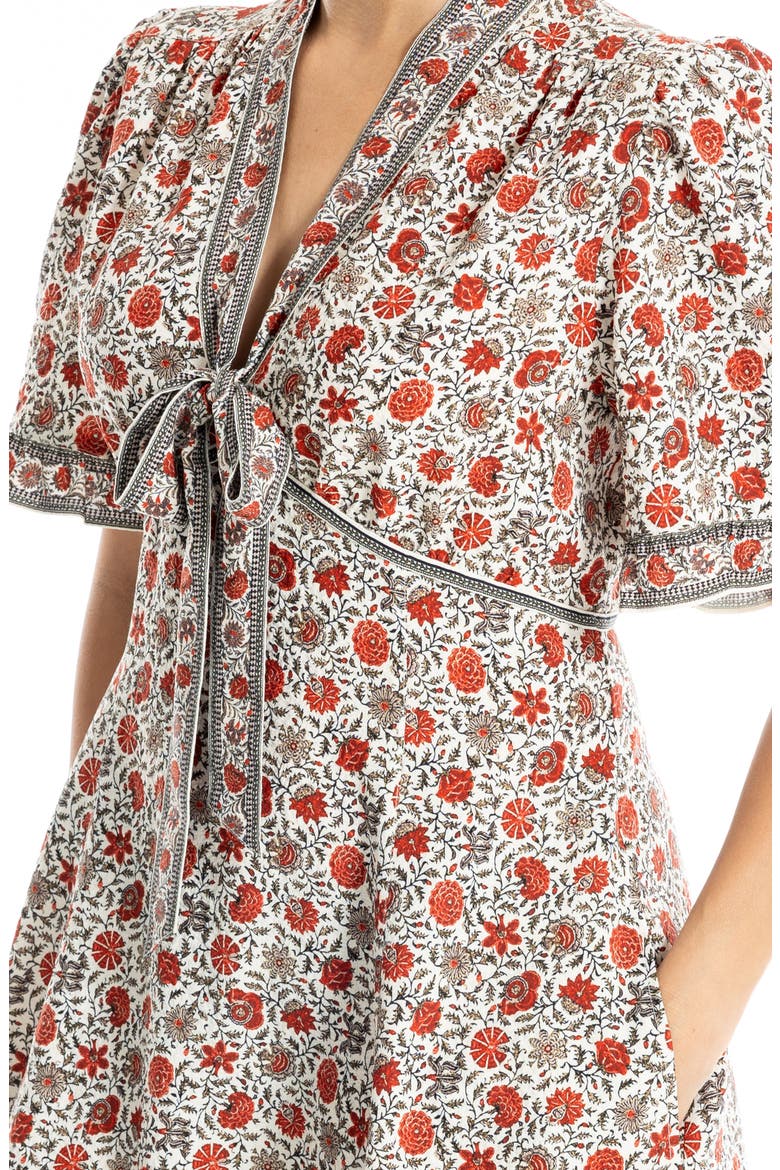 Bow Neck Short Sleeve Fit & Flare Dress, Alternate, color, ECRU/ RED LEAFY FLORAL FERN