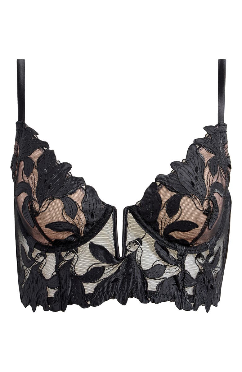 Fleur Du Mal Lily Embroidered Underwire Plunge Longline Demi Bra, Alternate, color, Black