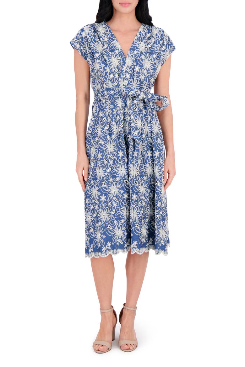 Embroidered Tie Waist Midi Dress, Main, color, CHAMBRAY/ IVORY