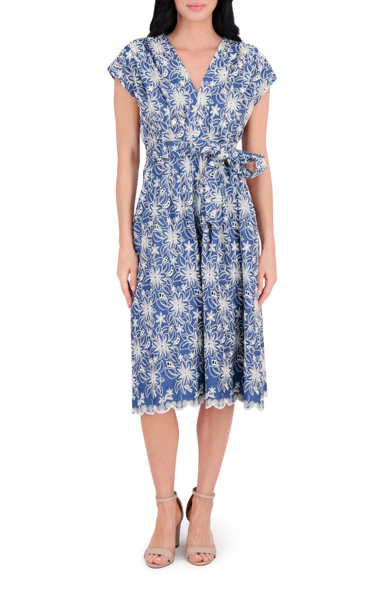 Kensie Embroidered Tie Waist Midi Dress, Main, color, Chambray/ Ivory