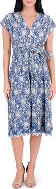 Kensie Embroidered Tie Waist Midi Dress