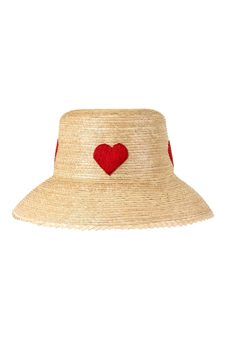 Embroidered Heart Palm Straw Bucket Hat, Main, color, RED