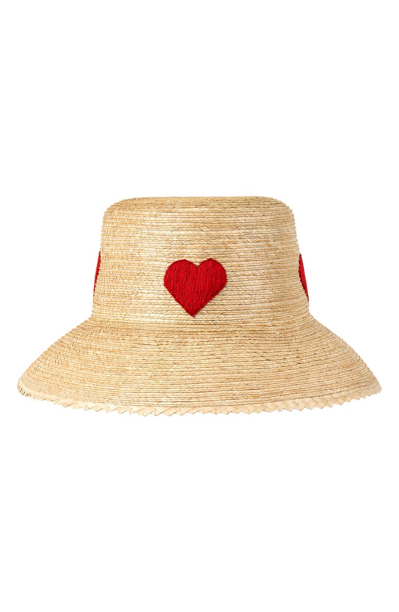 Sunshine Tienda Embroidered Heart Palm Straw Bucket Hat, Main, color, Red