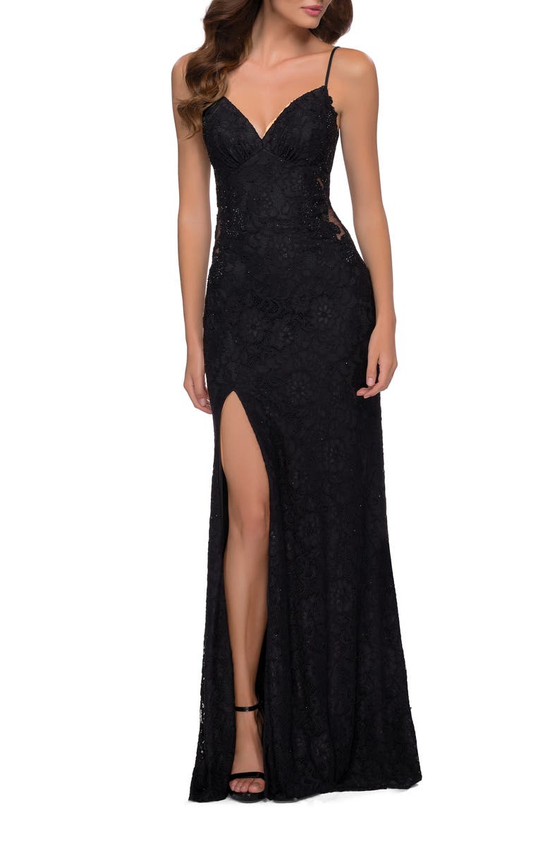 La Femme Sleek Lace Long Dress with Sheer Sides and Open Back, Main, color, Black