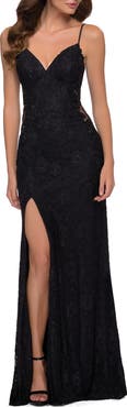 La Femme Sleek Lace Long Dress with Sheer Sides and Open Back