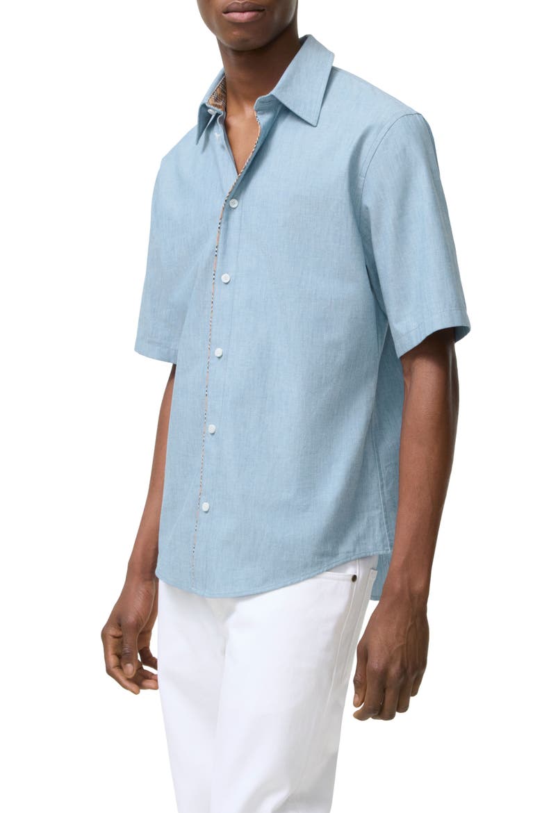Sam Check Trim Short Sleeve Button-Up Shirt, Main, color, STOKE BLUE MELANGE