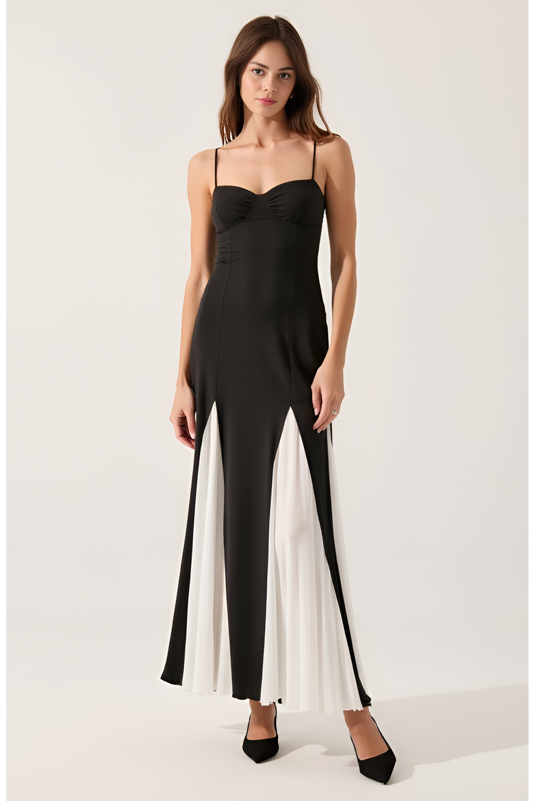 Spaghetti Strap Bustier Maxi Dress with Pleated Contrast Panels, Alternate, color, Black / White