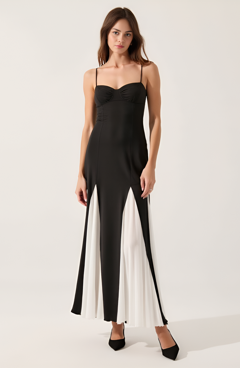 Modenaire Spaghetti Strap Bustier Maxi Dress with Pleated Contrast Panels, Alternate, color, Black / White