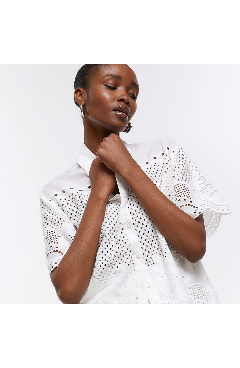 River Island Short Sleeve Broderie Anglaise Cotton Button-Up Shirt, Alternate, color, Ecru
