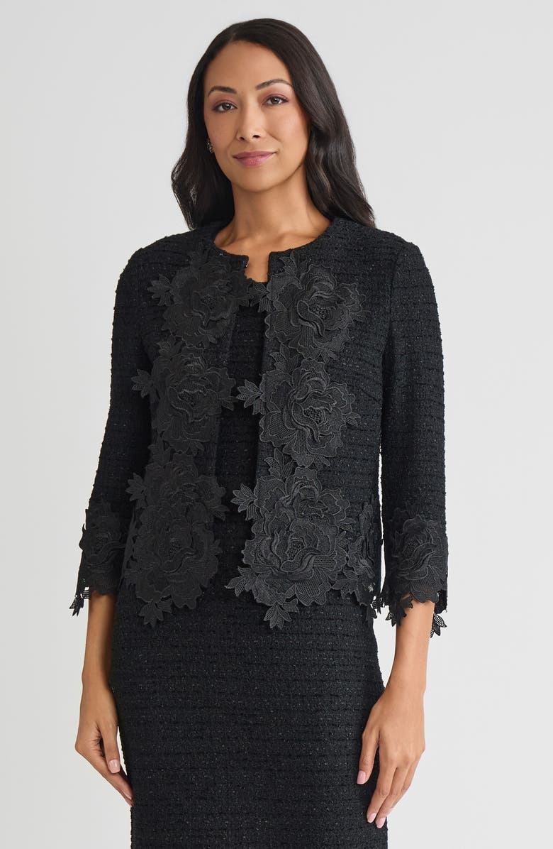 Misook Heritage Floral Lace Applique Knit Jacket, Main, color, Black