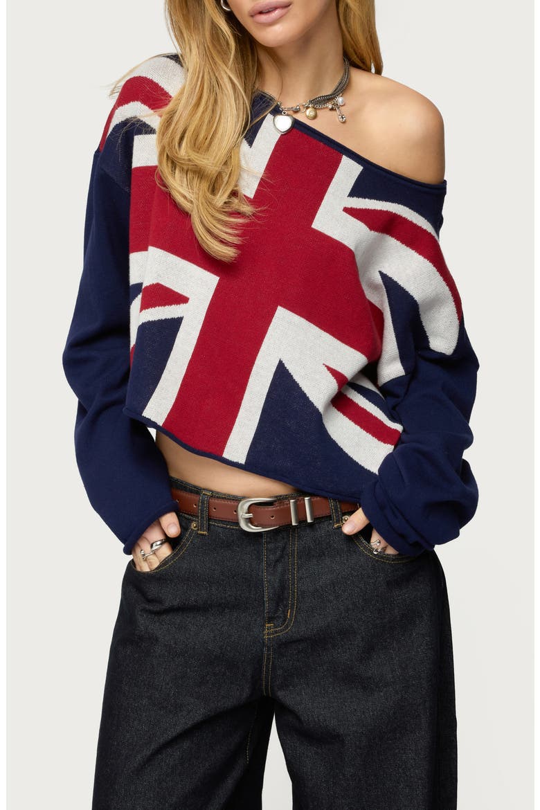 London Babe Off the Shoulder Cotton Graphic Sweater, Main, color, NAVY