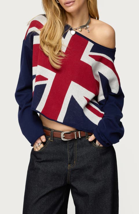London Babe Off the Shoulder Cotton Graphic Sweater