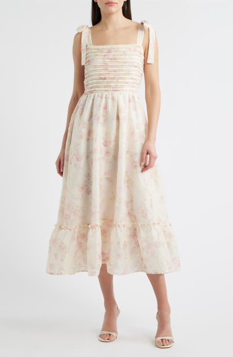 Print Tie Strap Embroidered Maxi Dress