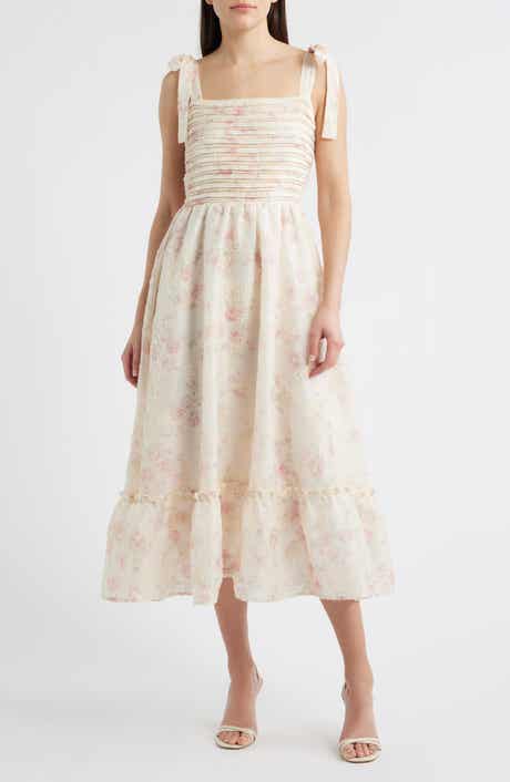 Print Tie Strap Embroidered Maxi Dress