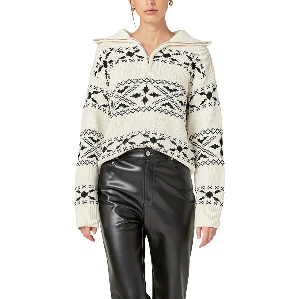 English Factory Patterned Half Zip Sweater In Ivory/black
