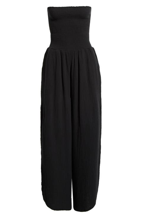 Strapless Smocked Bodice Cotton Gauze Cover-Up Jumpsuit