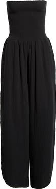 Elan Strapless Smocked Bodice Cotton Gauze Cover-Up Jumpsuit