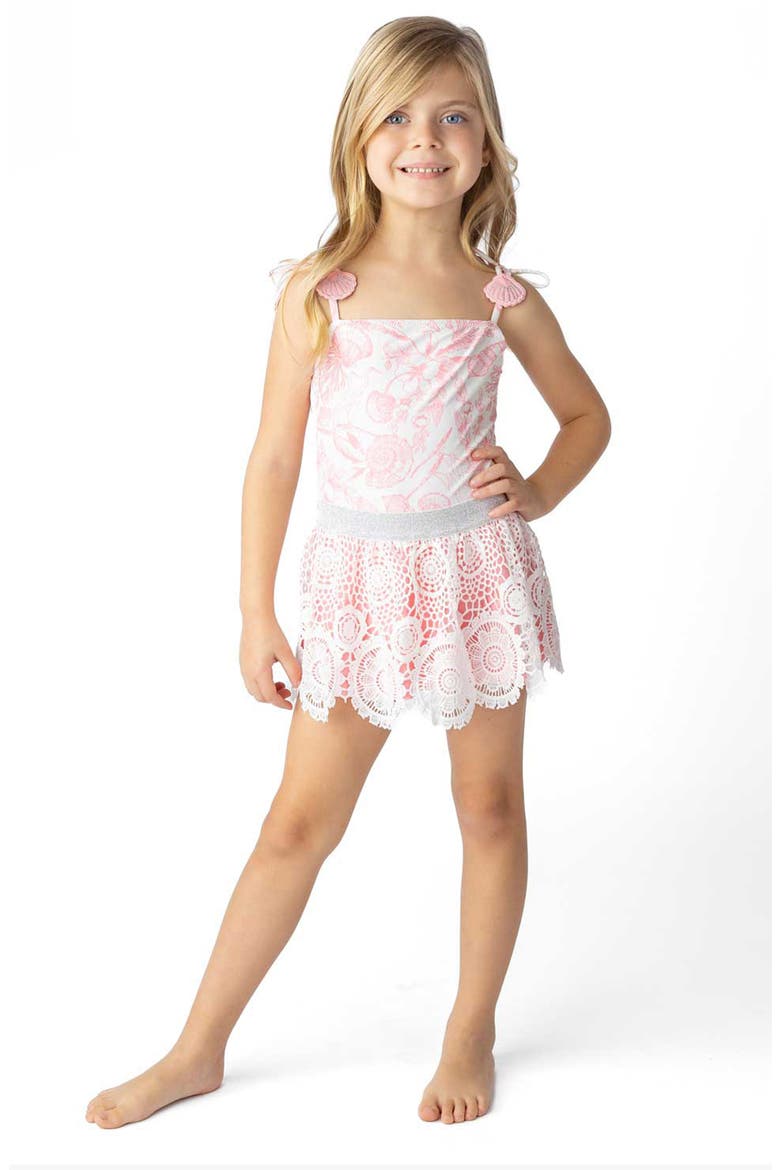 Seaside Toile One-Piece Swimsuit & Skirt Set, Alternate, color, CORAL