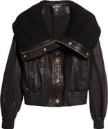 Balmain Knit Collar Lambskin Leather Bomber Jacket