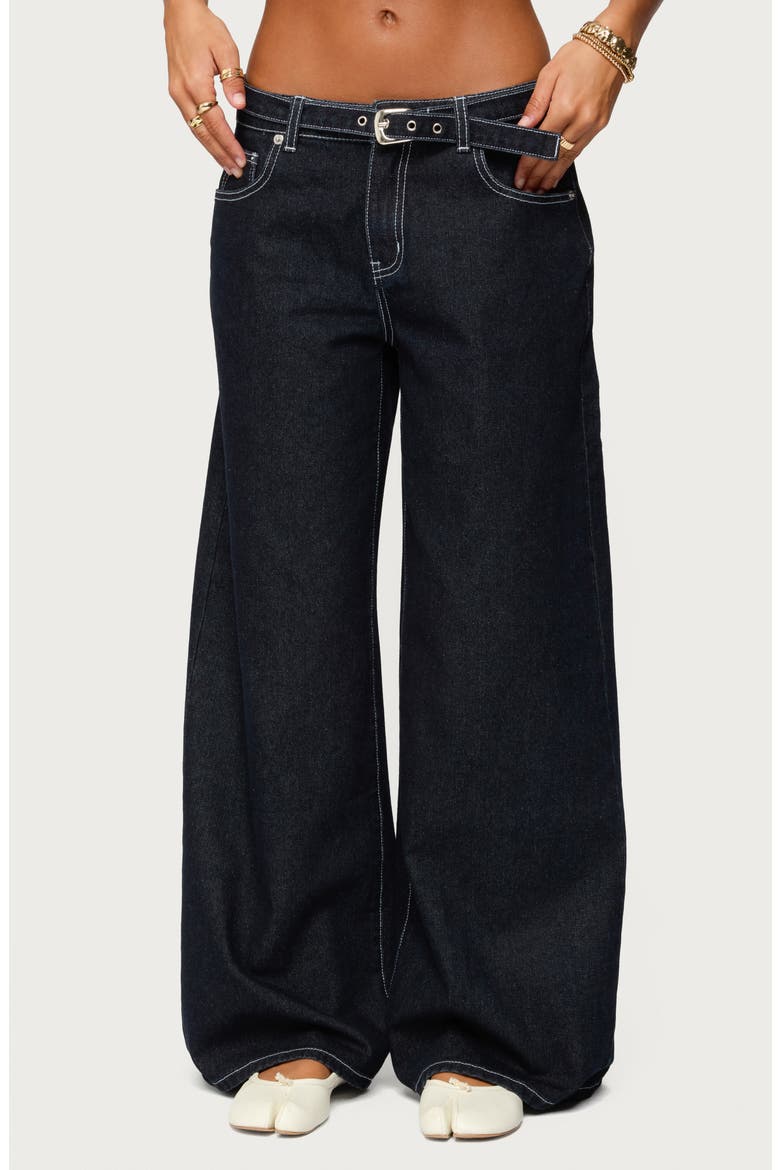 Karah Belted Low Rise Wide Leg Jeans, Main, color, DARK-BLUE