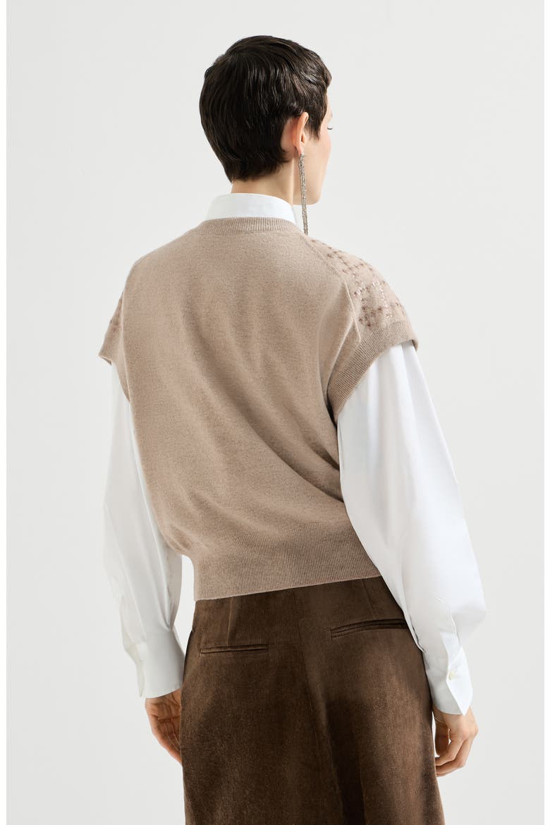 Cashmere knit t-shirt with dazzling windowpane embroidery, Alternate, color, Beige