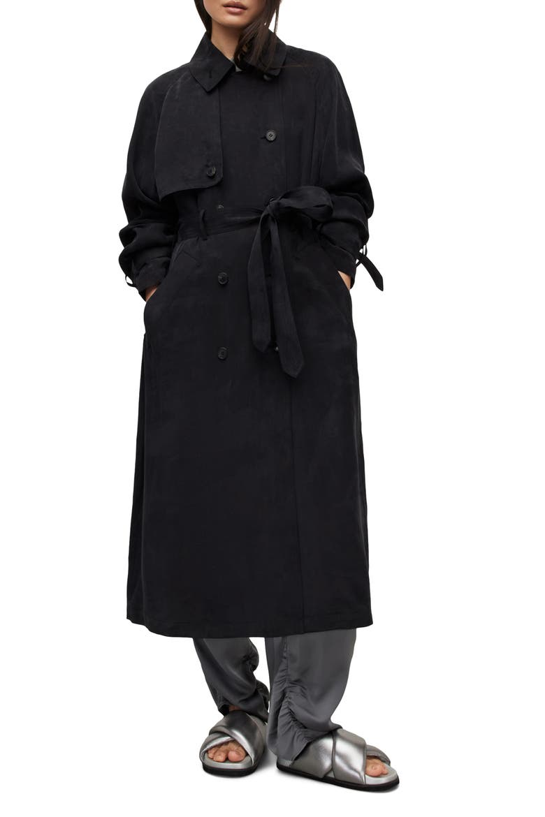 Kikki Relaxed Fit Double Breasted Trench Coat, Main, color, BLACK