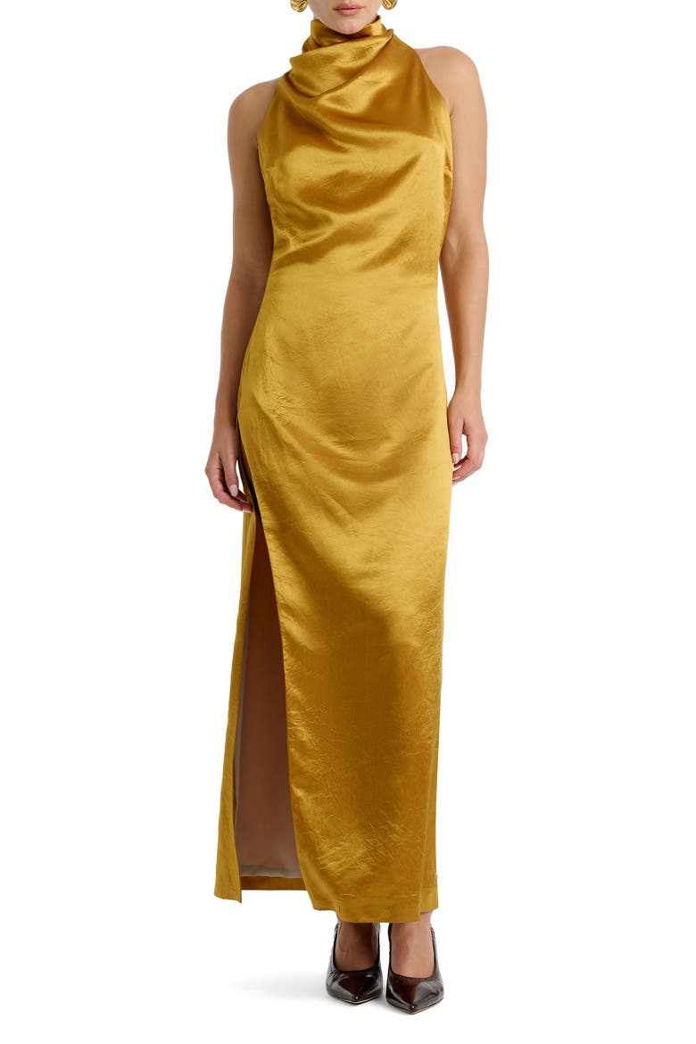 Thea High Neck Satin Gown, Main, color, GOLDEN