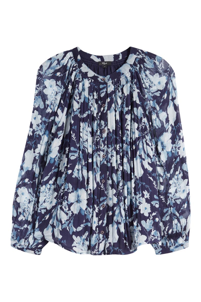 Nessie Pleated Floral Top, Alternate, color, INDIGO BLOSSOMS