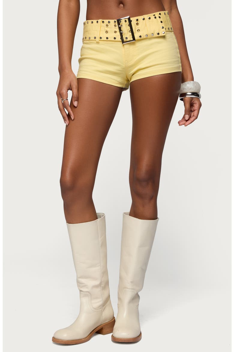 Studded Belt Denim Micro Shorts, Main, color, YELLOW