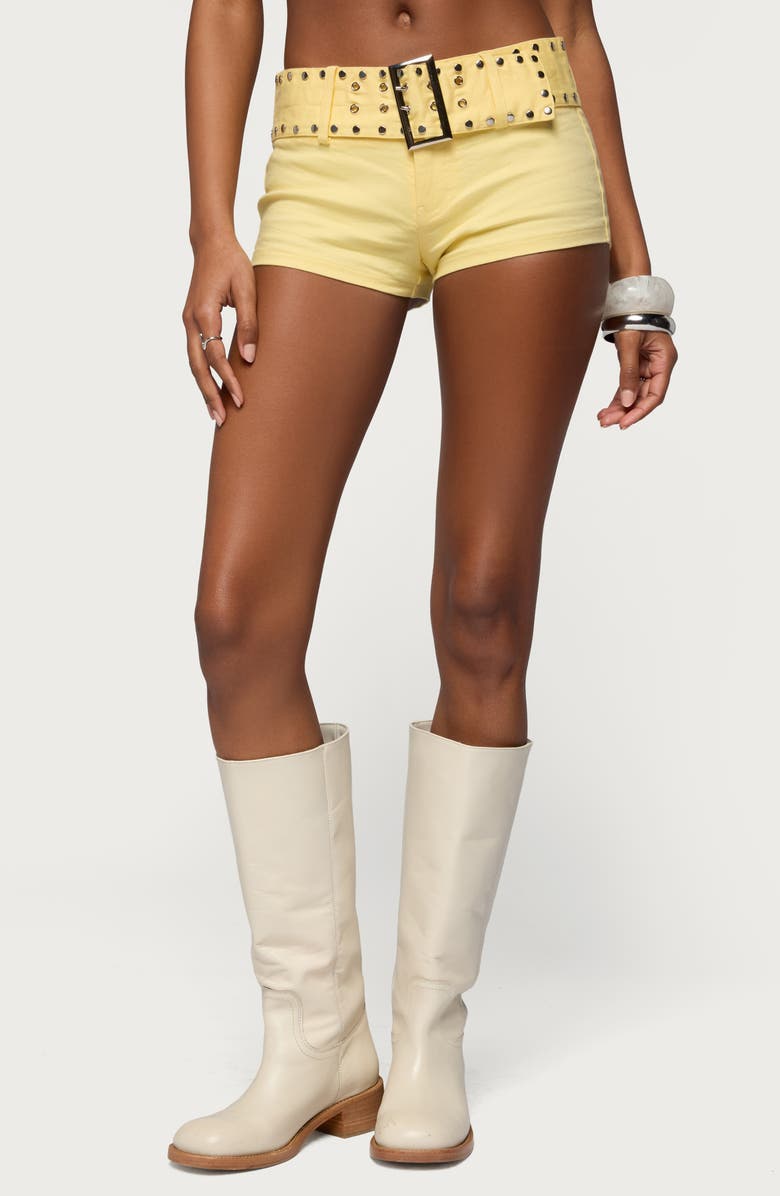 EDIKTED Studded Belt Denim Micro Shorts, Main, color, 