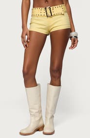 EDIKTED Studded Belt Denim Micro Shorts