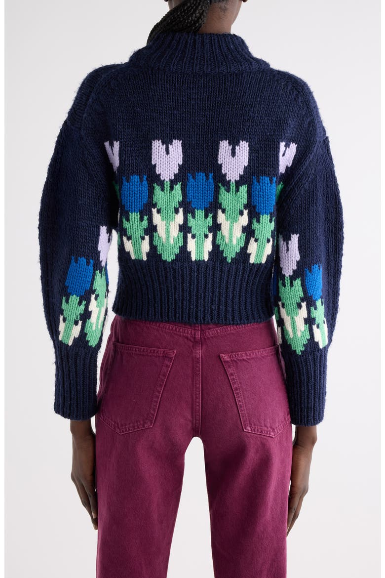 Graphic Floral Crop Wool Sweater, Alternate, color, DARK NAVY