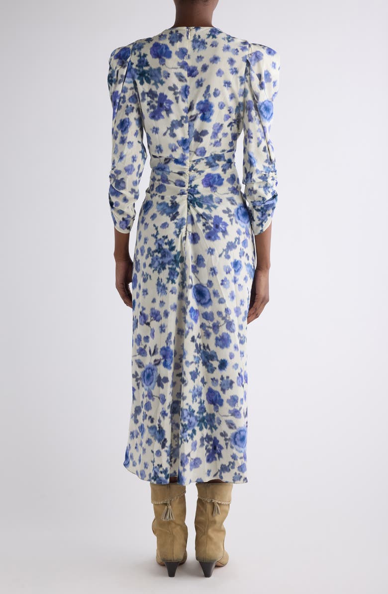 Isabel Marant Albini Print Ruched Sleeve Stretch Silk Dress, Alternate, color, Blue