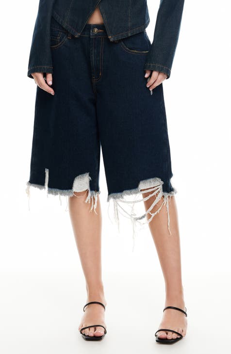 Blue Folded Hem Loose Fit Denim Bermuda Shorts 19063 main image 1