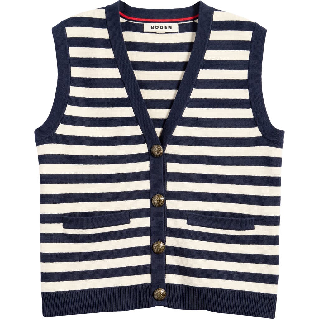 Boden Holly Stripe Cotton Button-up Vest In Warm Ivory/navy